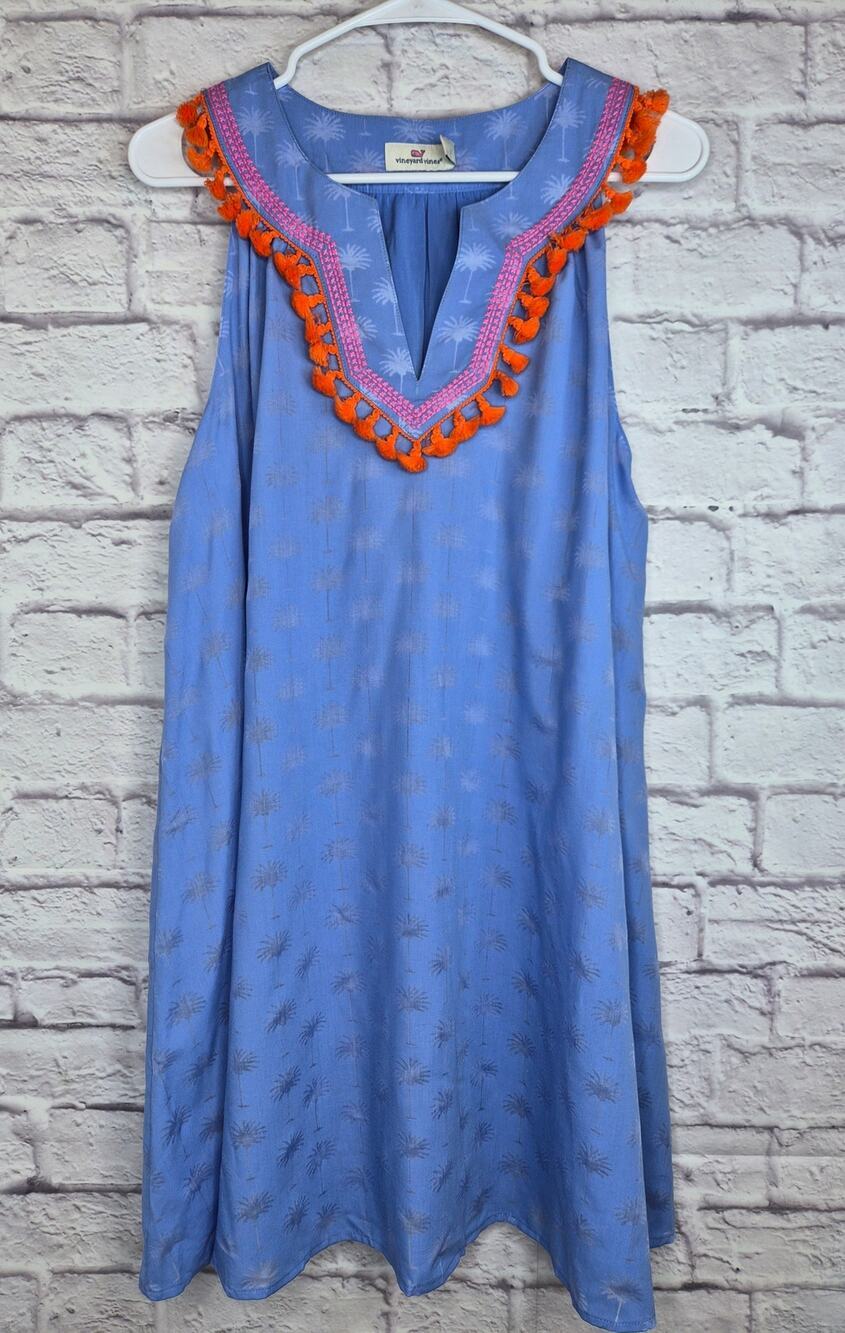 Vineyard Vines Sunset Palm Tassel Dress Blue Shift Mini Sleeveless Small S